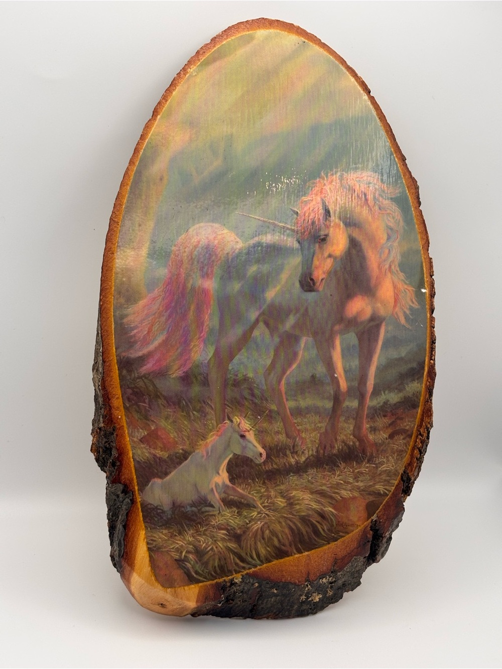 Vintage Live-Edge Wood Plaque, Pink Unicorn with Baby Unicorn, Wall Hanging